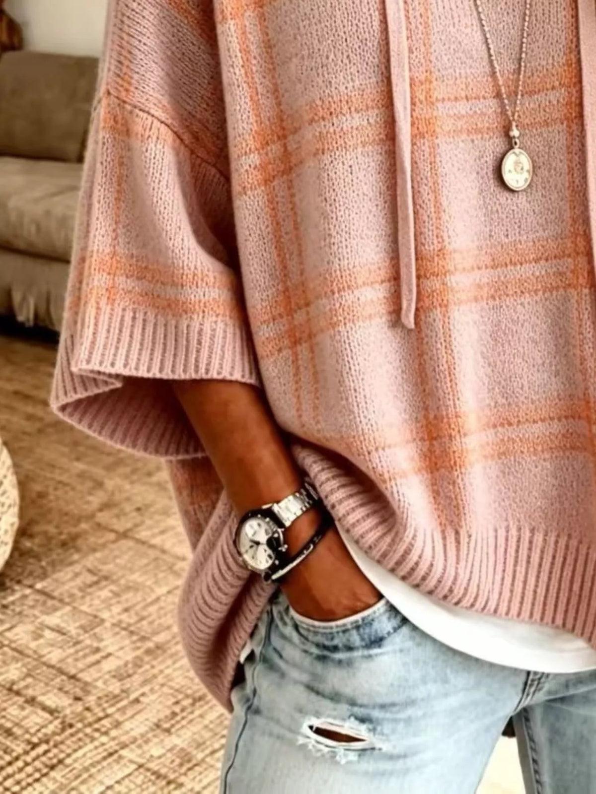 Plaid Hooded Knit Sweater, view 2