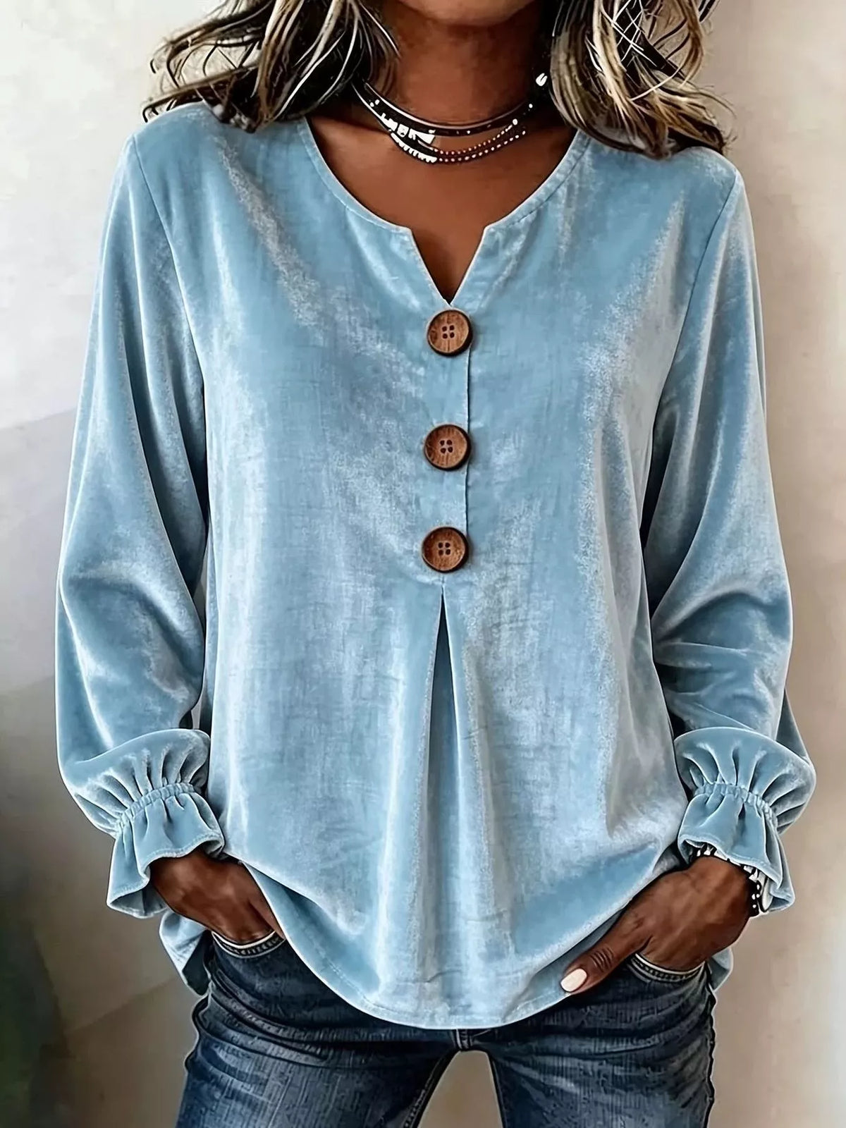 Full Size Velvet Button Decor Blouse with Ruffled Cuffs Plus Size - Lilixa.store