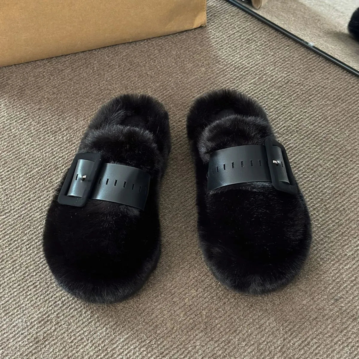 Faux Fur Buckle Slippers - Lilixa.store