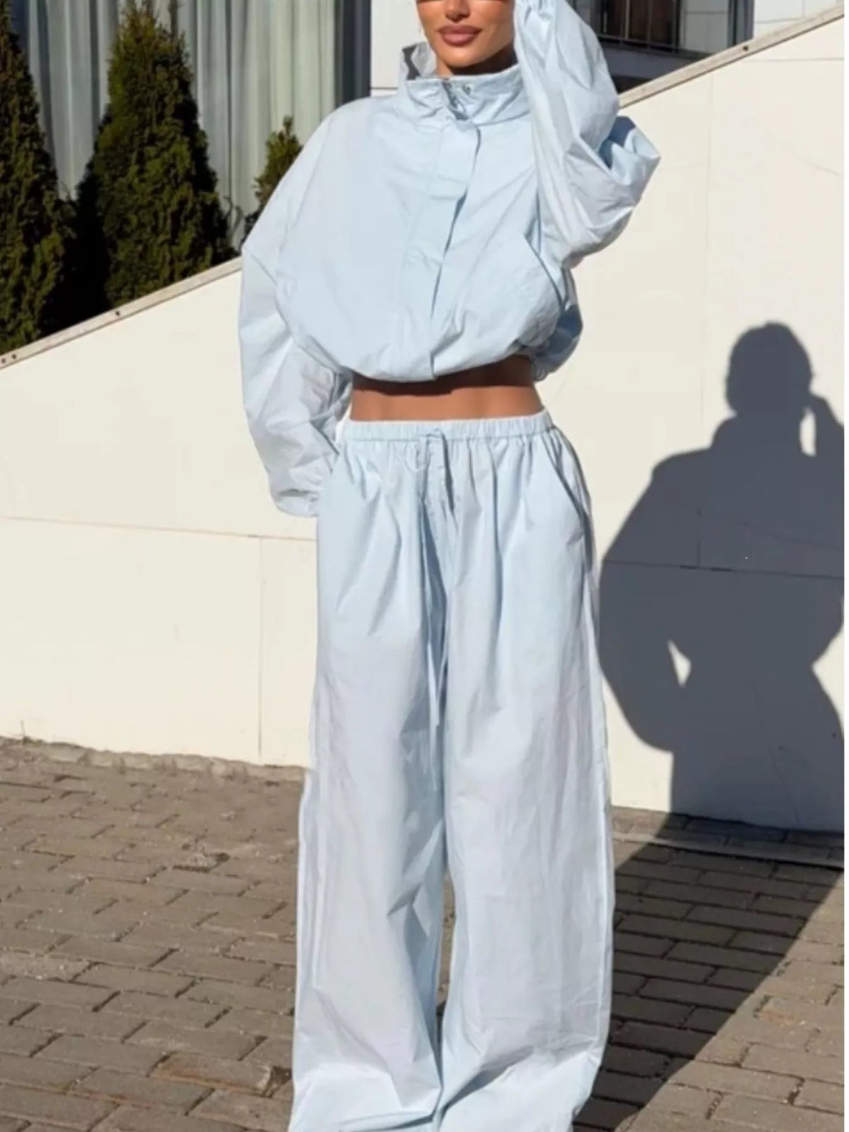 Drawstring Hem Crop Jacket and Wide-Leg Pant Set in Light Blue