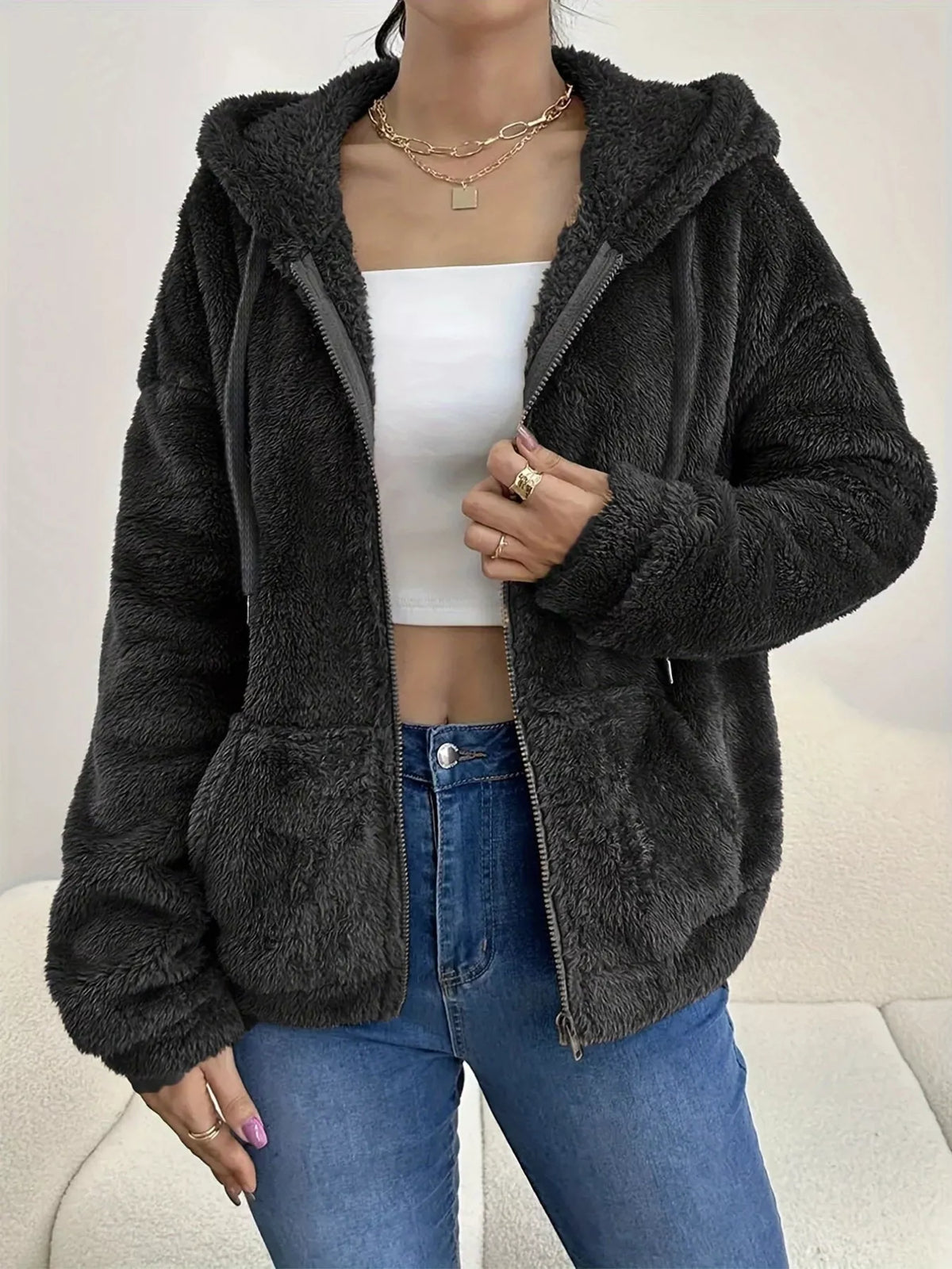 Drawstring Fleece Zip-Up Outerwear in Black