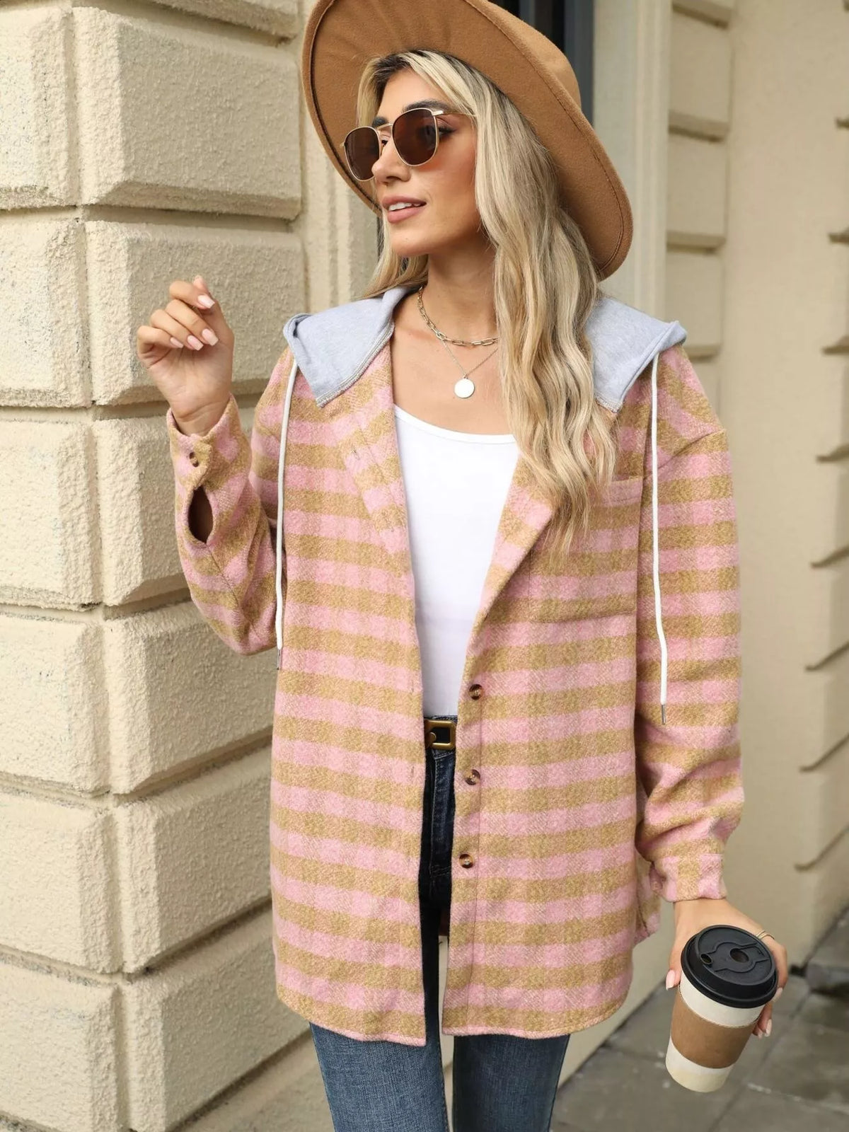 Plaid Button Up Long Sleeve Drawstring Hooded Jacket, view 13