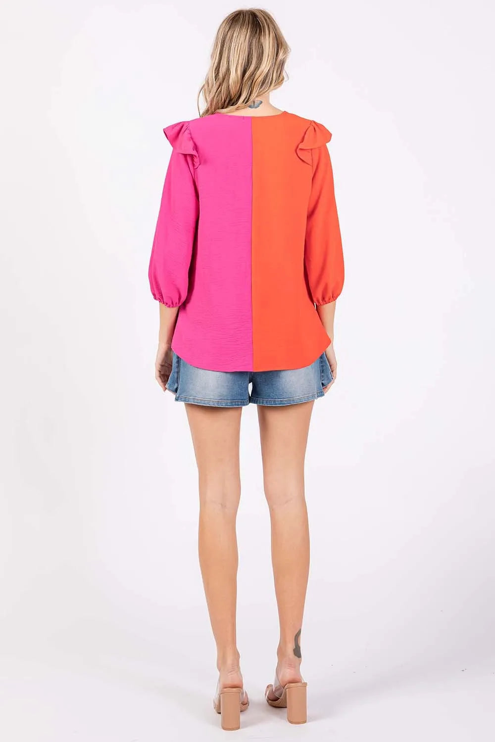GeeGee Full Size Ruffle Trim Contrast Blouse - Lilixa.store