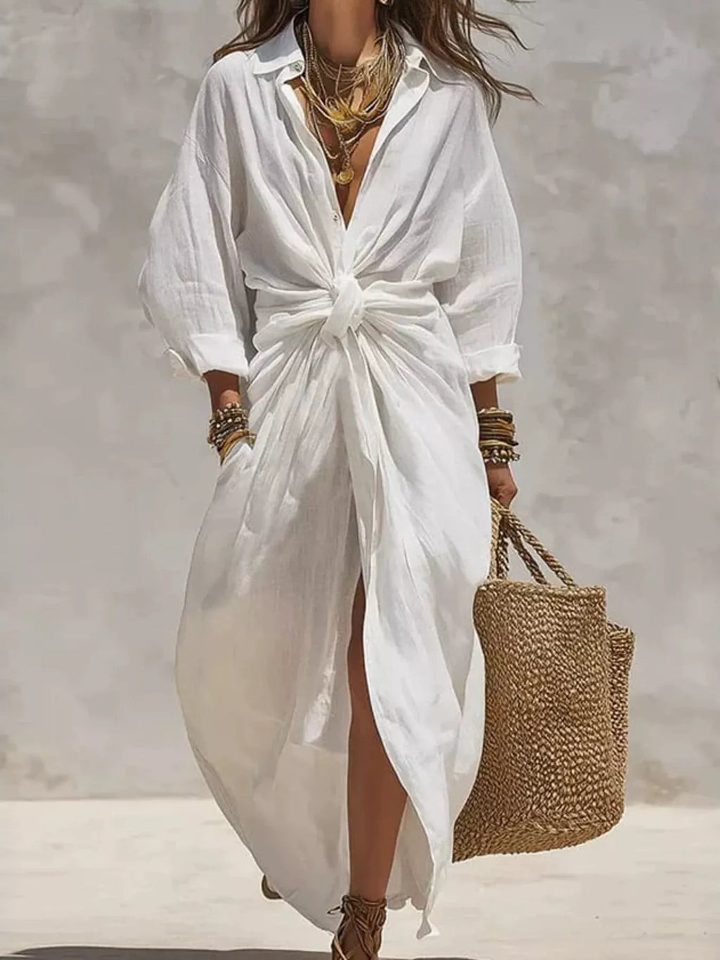 Front-Tie Maxi Shirt Dress - Lilixa.store