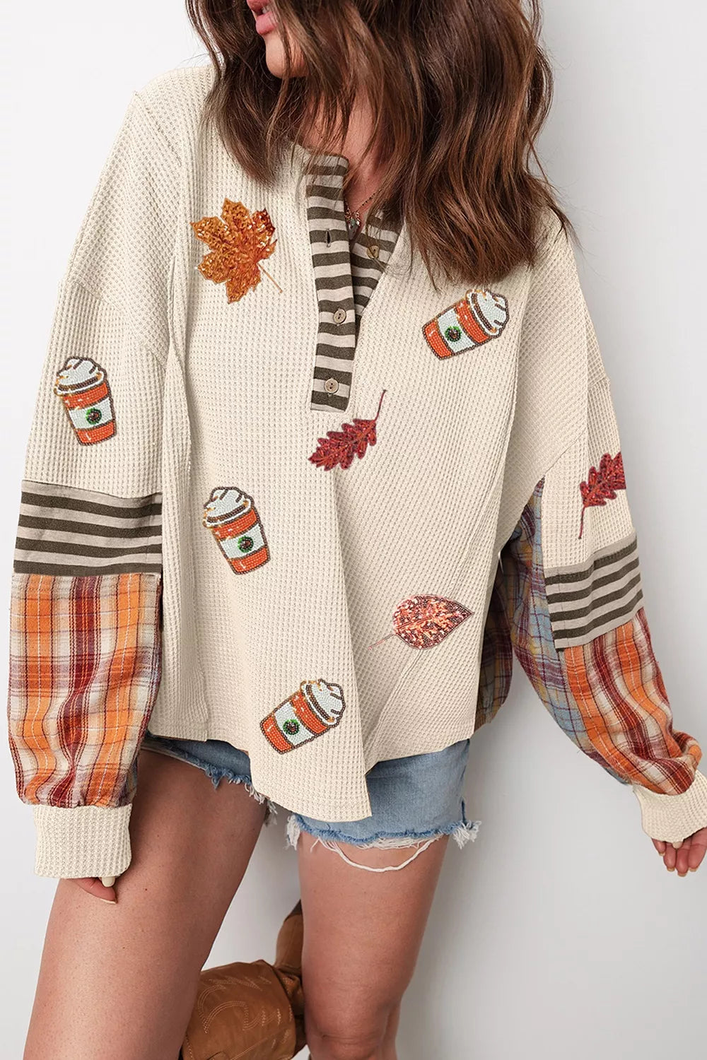 Sequin Autumn Leaf & Coffee Cup Waffle Knit Top in Beige, view 3