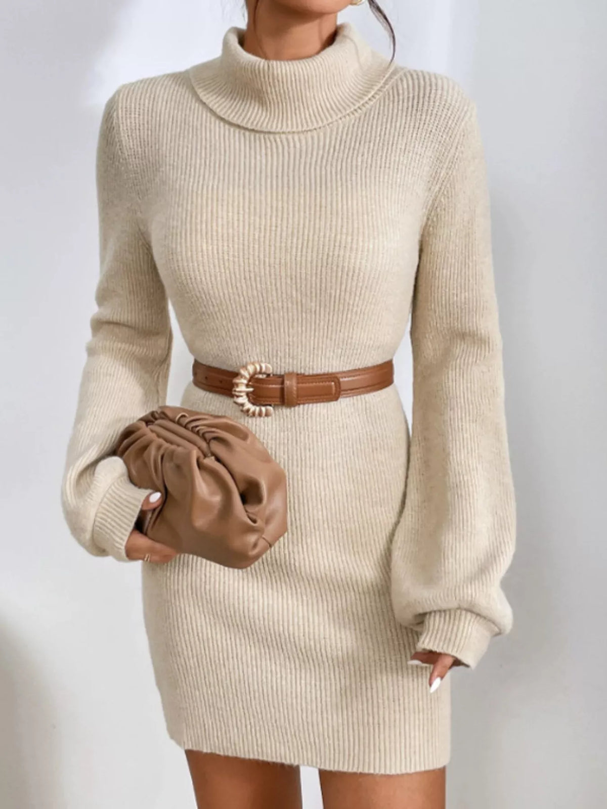 Turtleneck Ribbed Knit Sweater Dress, view 6