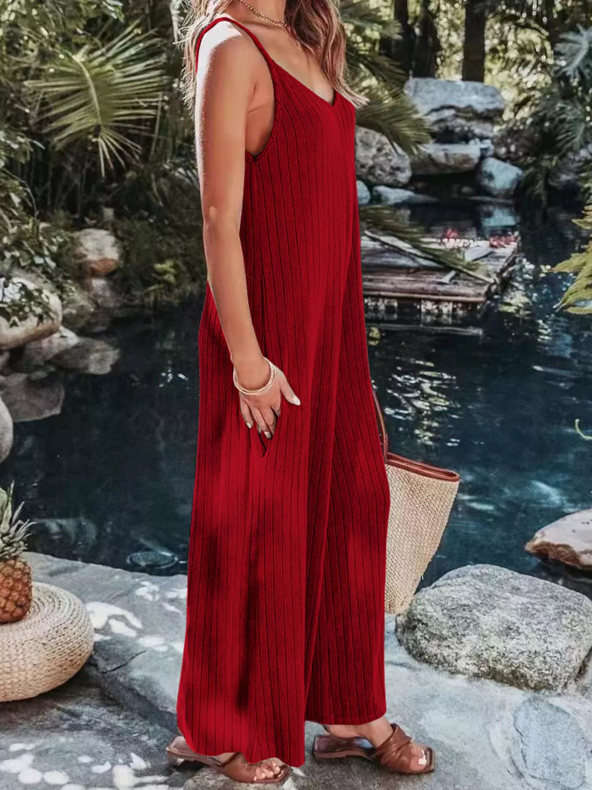 Ribbed V-Neck Wide Leg Jumpsuit - Lilixa.store