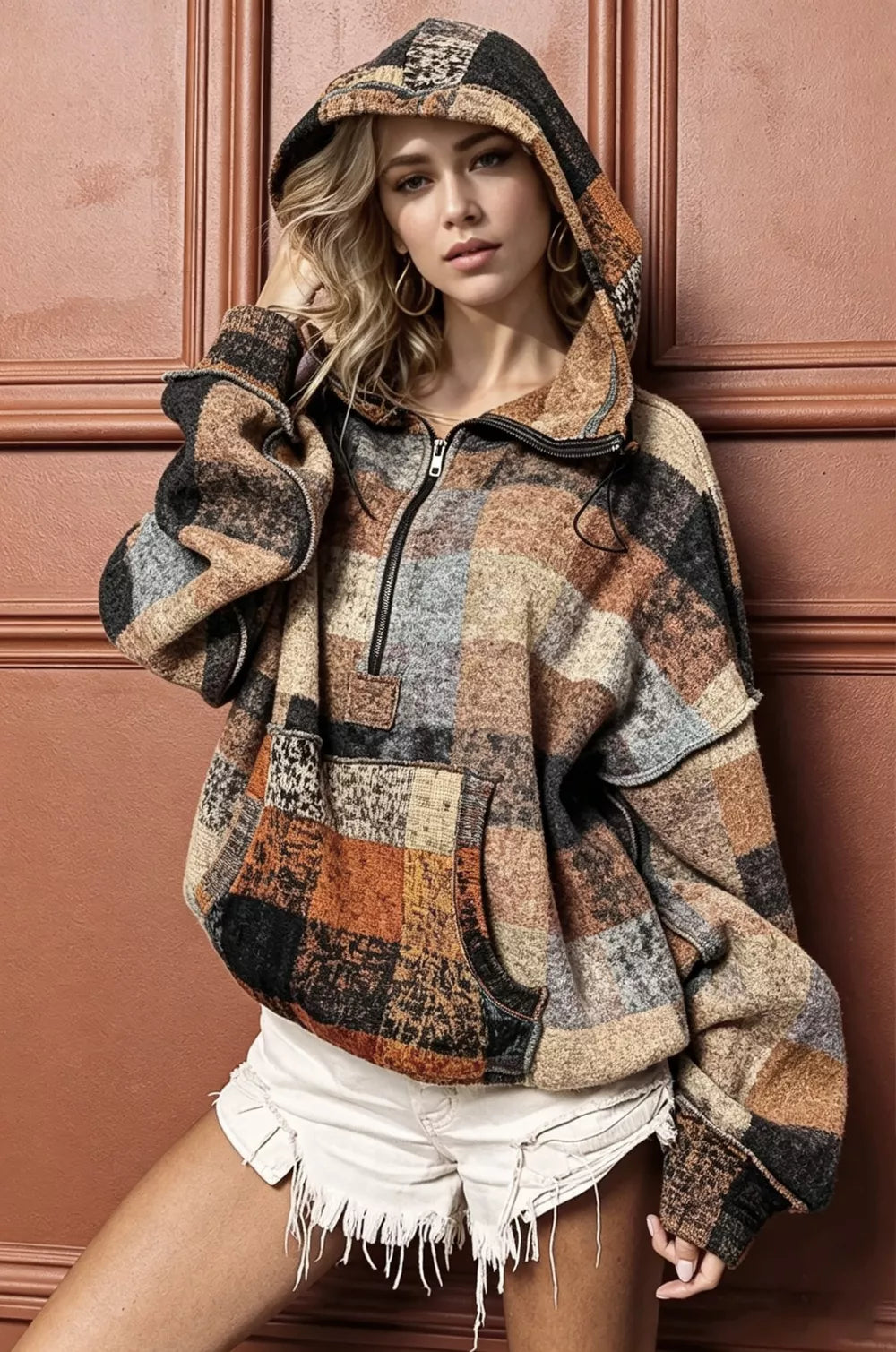 Double Take Full Size Half Zip Exposed Seam Fleece Hoodie – image 1 | Lilixa Spooky Season