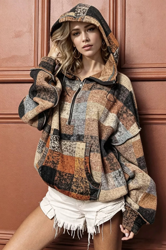 Double Take Full Size Half Zip Exposed Seam Fleece Hoodie - Lilixa.store