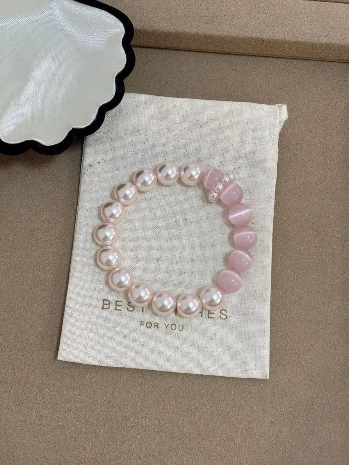 Pearl & Cat's Eye Stone Bracelet in Blush Pink, view 3