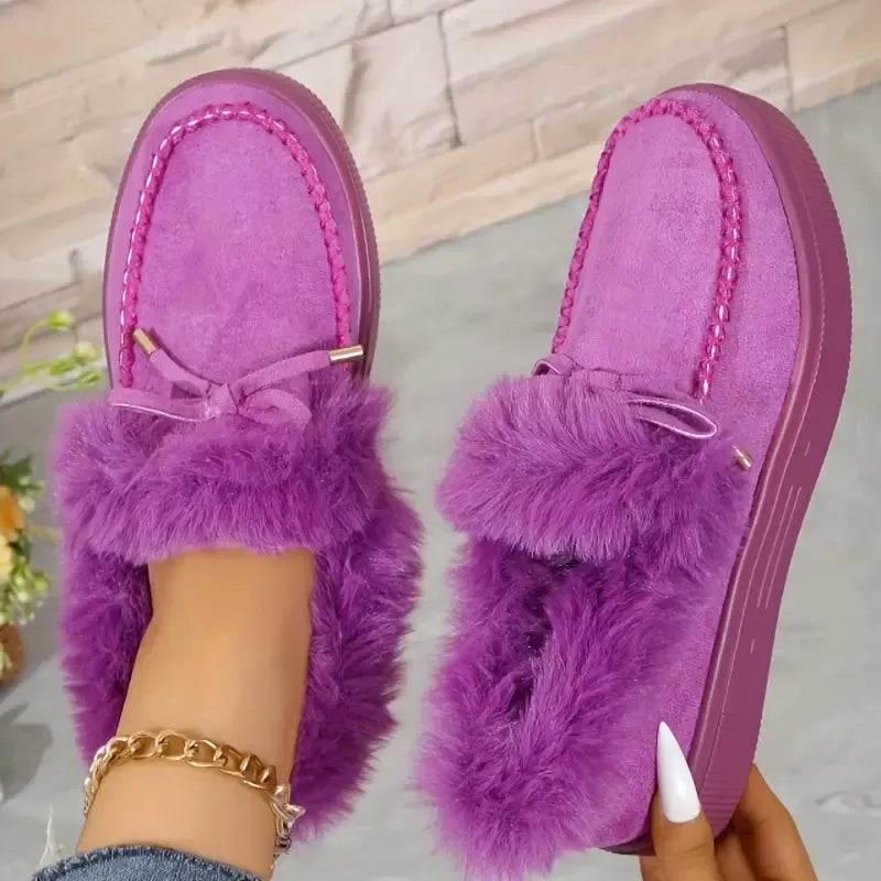 Bow Furry Round Toe Flat Slip-Ons in Red-Violet