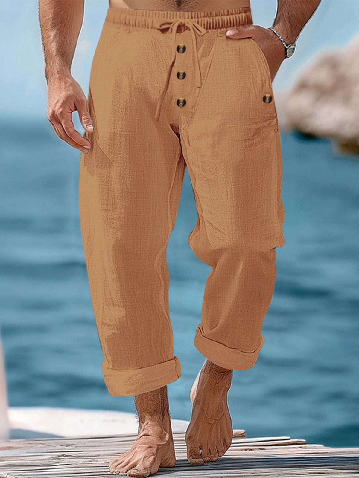 Men's Full Size Button-Fly Drawstring Pants Plus Size in Earthy Yellow