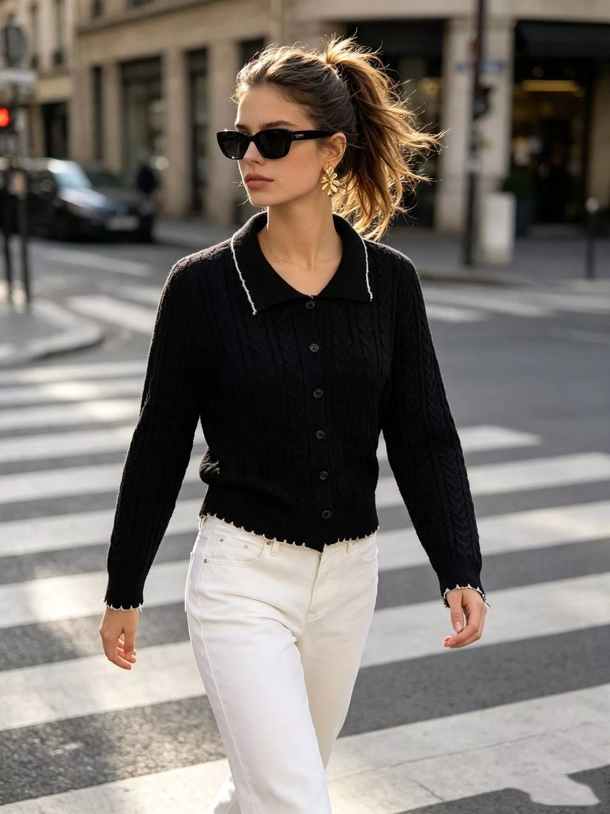 Cable Knit Polo Collar Button-Up Cardigan, view 15