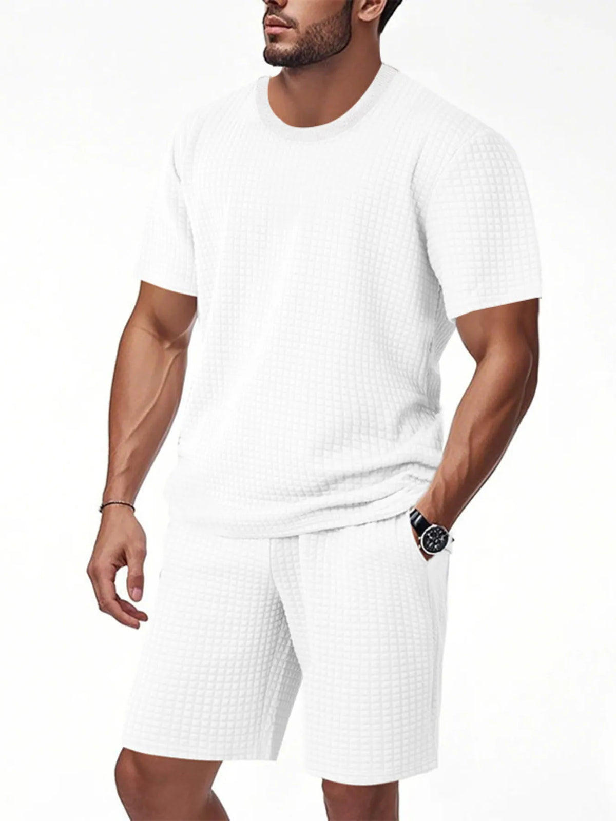 Men's Full Size Textured Round Neck Top and Shorts Set Plus SIze in White