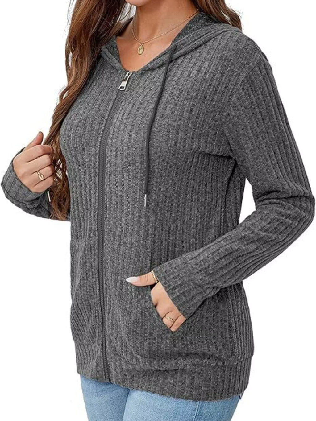 Ribbed Zip Up Hooded Outerwear - Lilixa.store