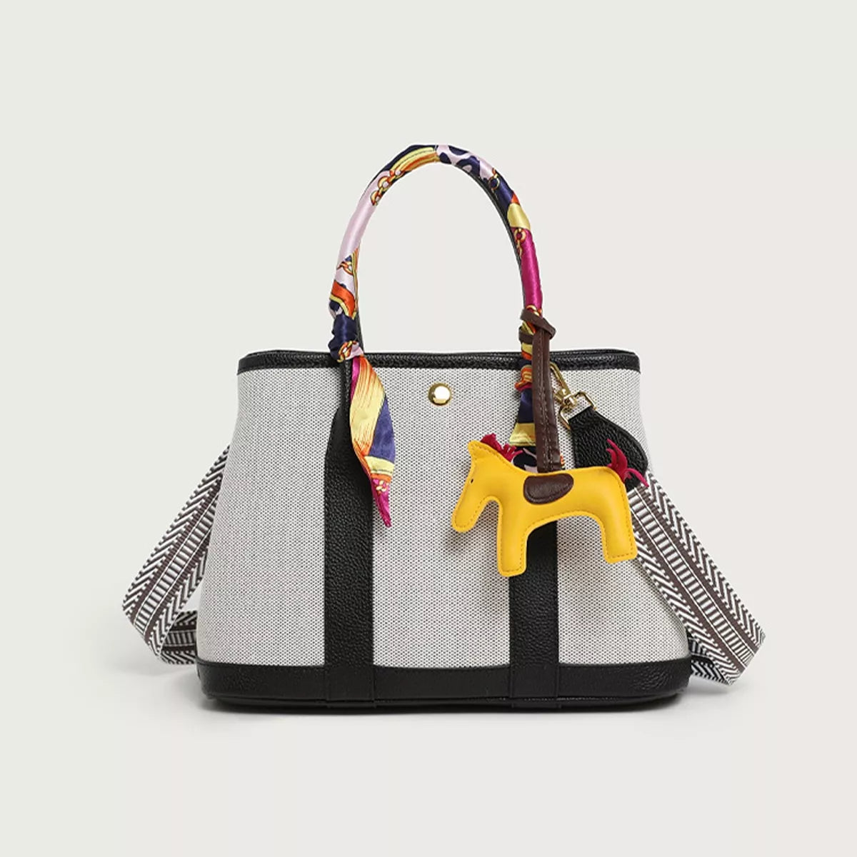 Canvas Handbag with Silk Scarf and Horse Charm in Black