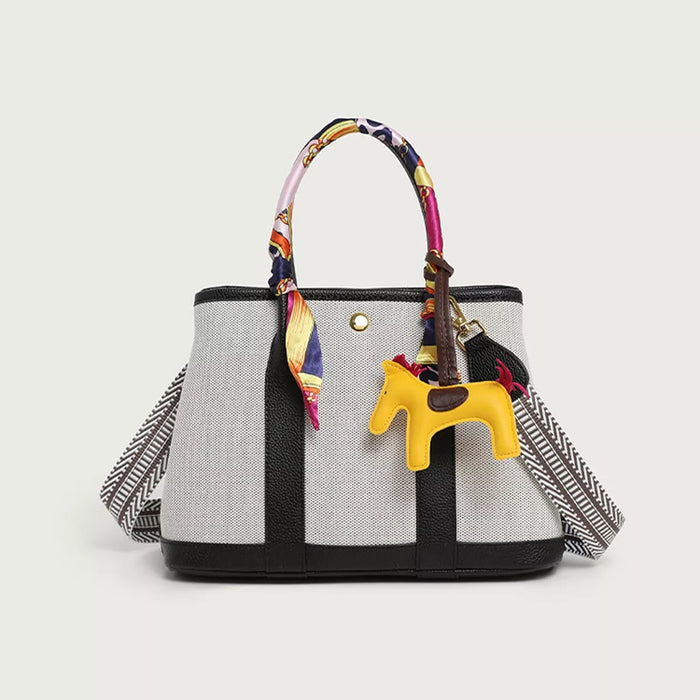 Canvas Handbag with Silk Scarf and Horse Charm in Black