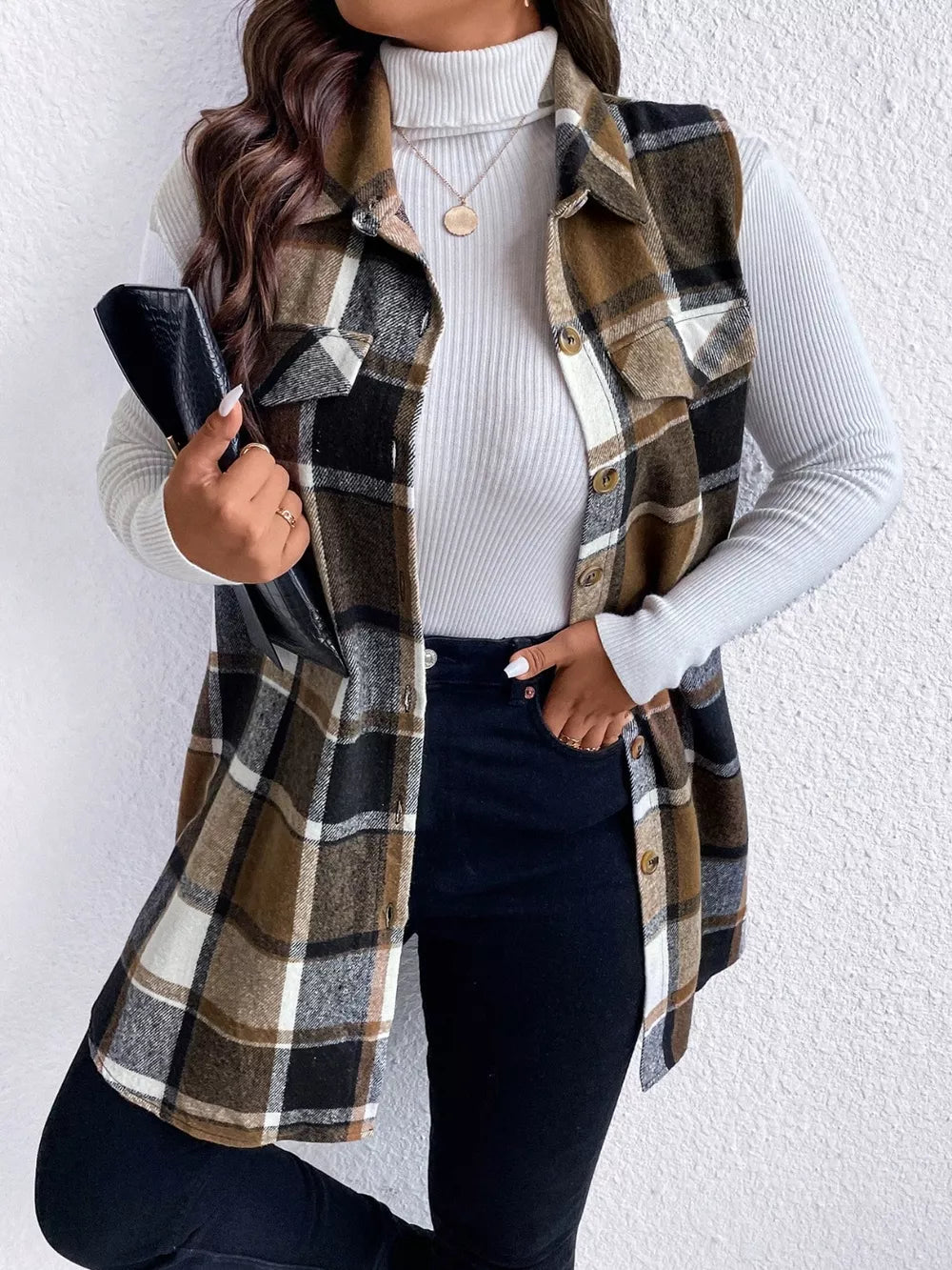 Honey Plus Size Pocketed Plaid Button Up Vest Coat, view 2
