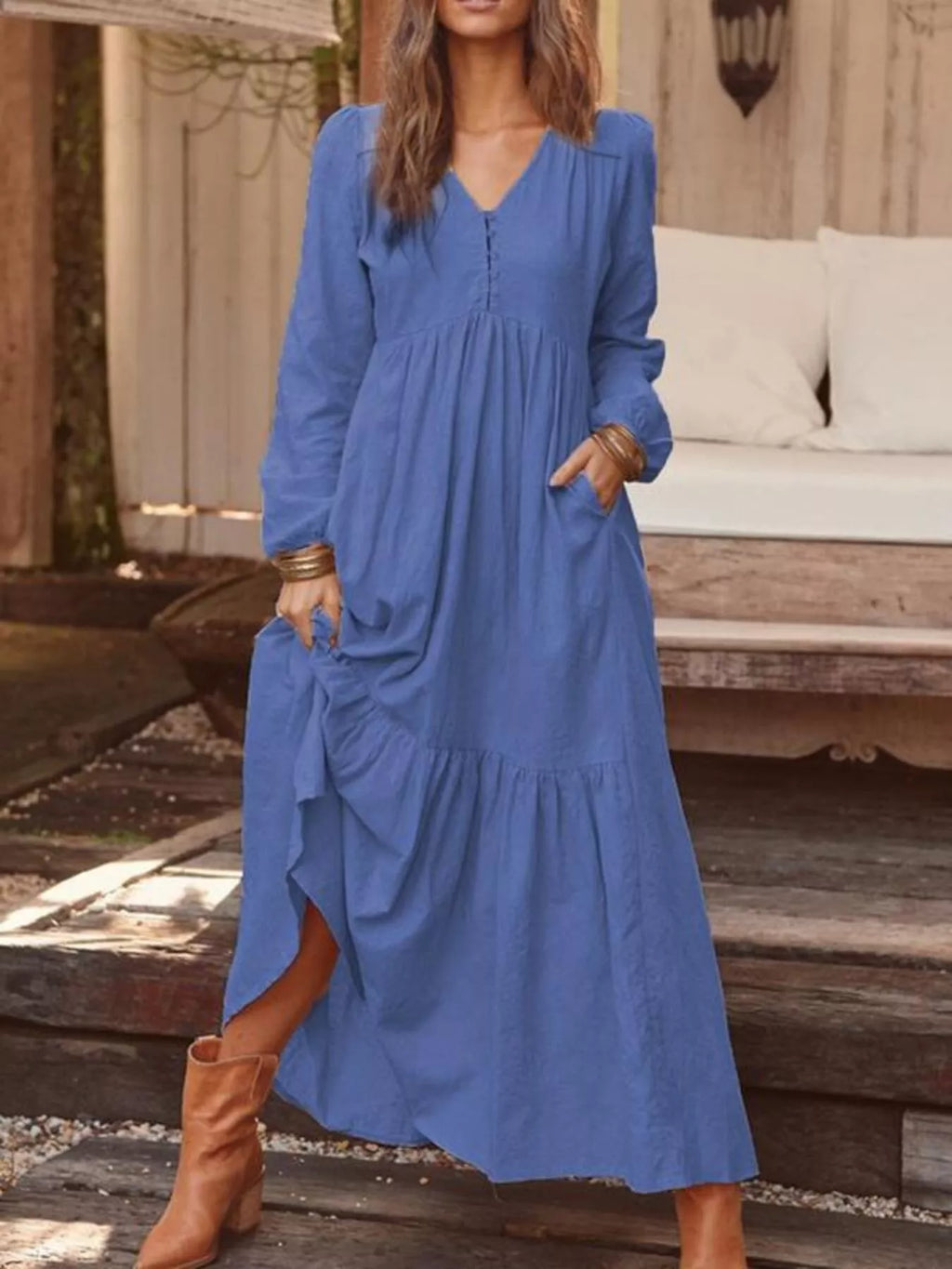 Full Size V-Neck Long Sleeve Tiered Maxi Dress with Pockets Plus Size - Lilixa.store