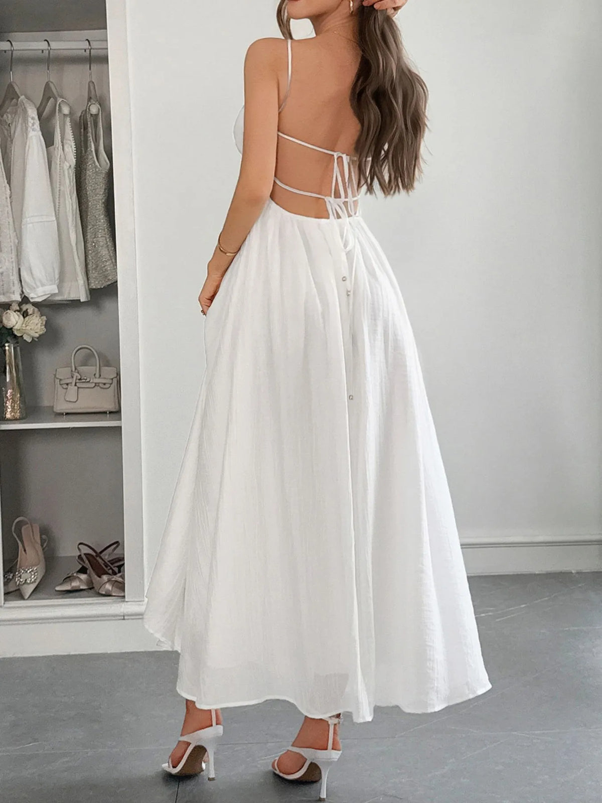 Texture Sweetheart Neck Backless Cami Dress - Lilixa.store