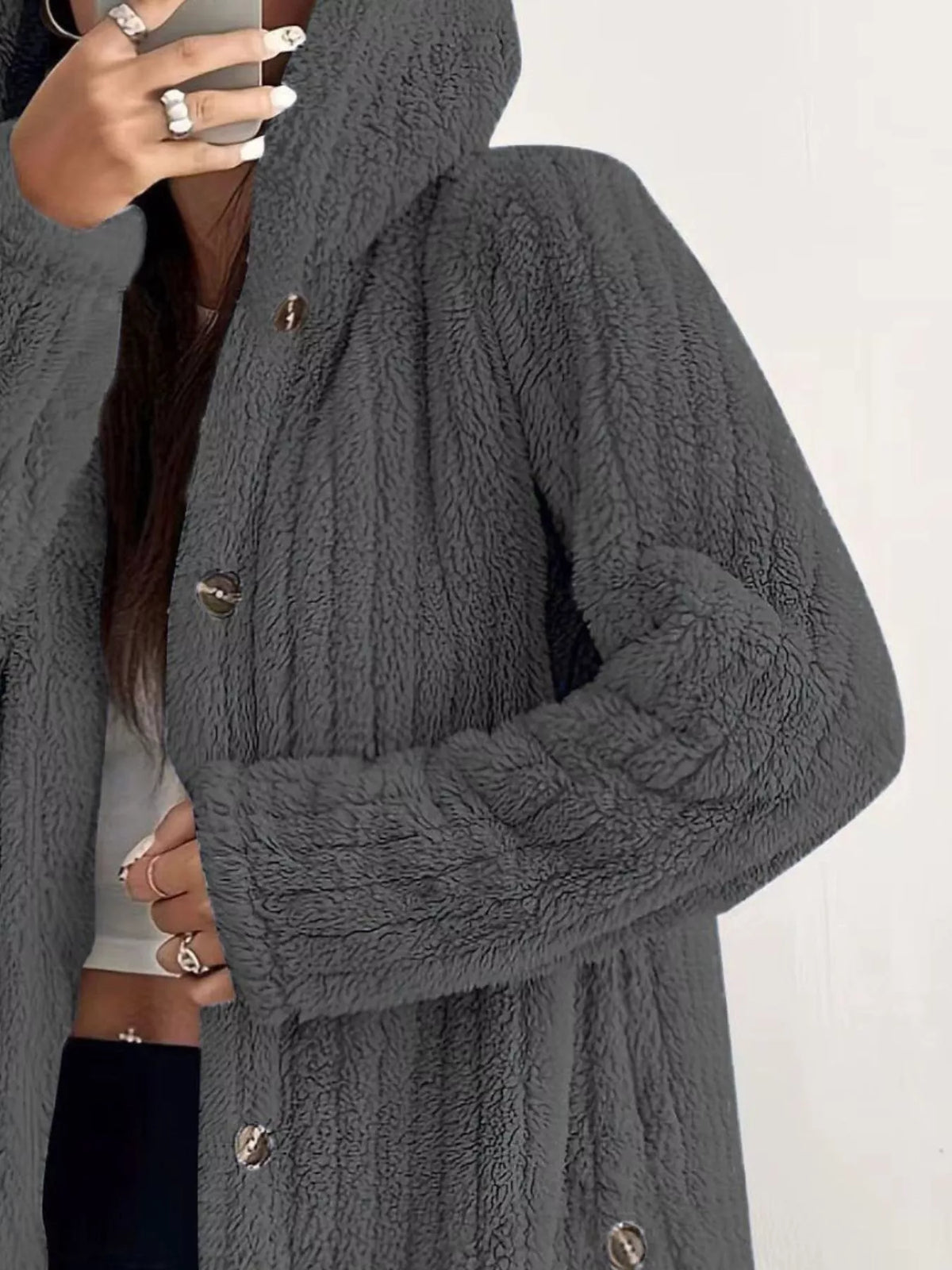 Full Size Fleece Button Up Hooded Outerwear Plus Size, view 16