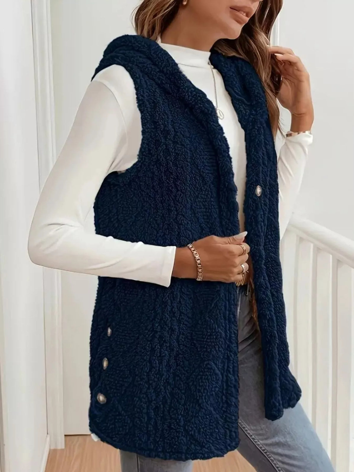 Button-Down Sherpa Hooded Vest Coat - Lilixa.store
