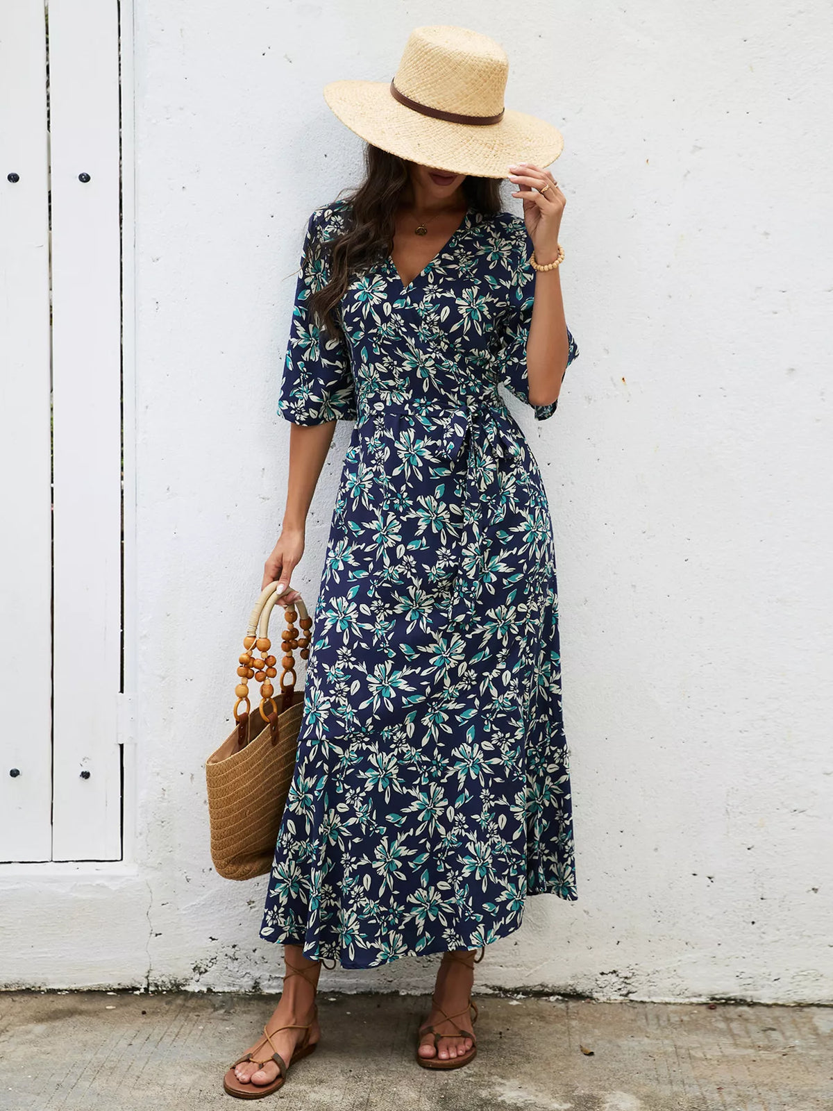 Slit Printed Surplice Midi Dress
