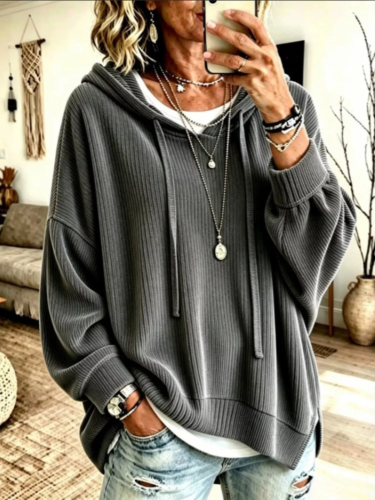 Drawstring Ribbed Knit Hoodie - Lilixa.store