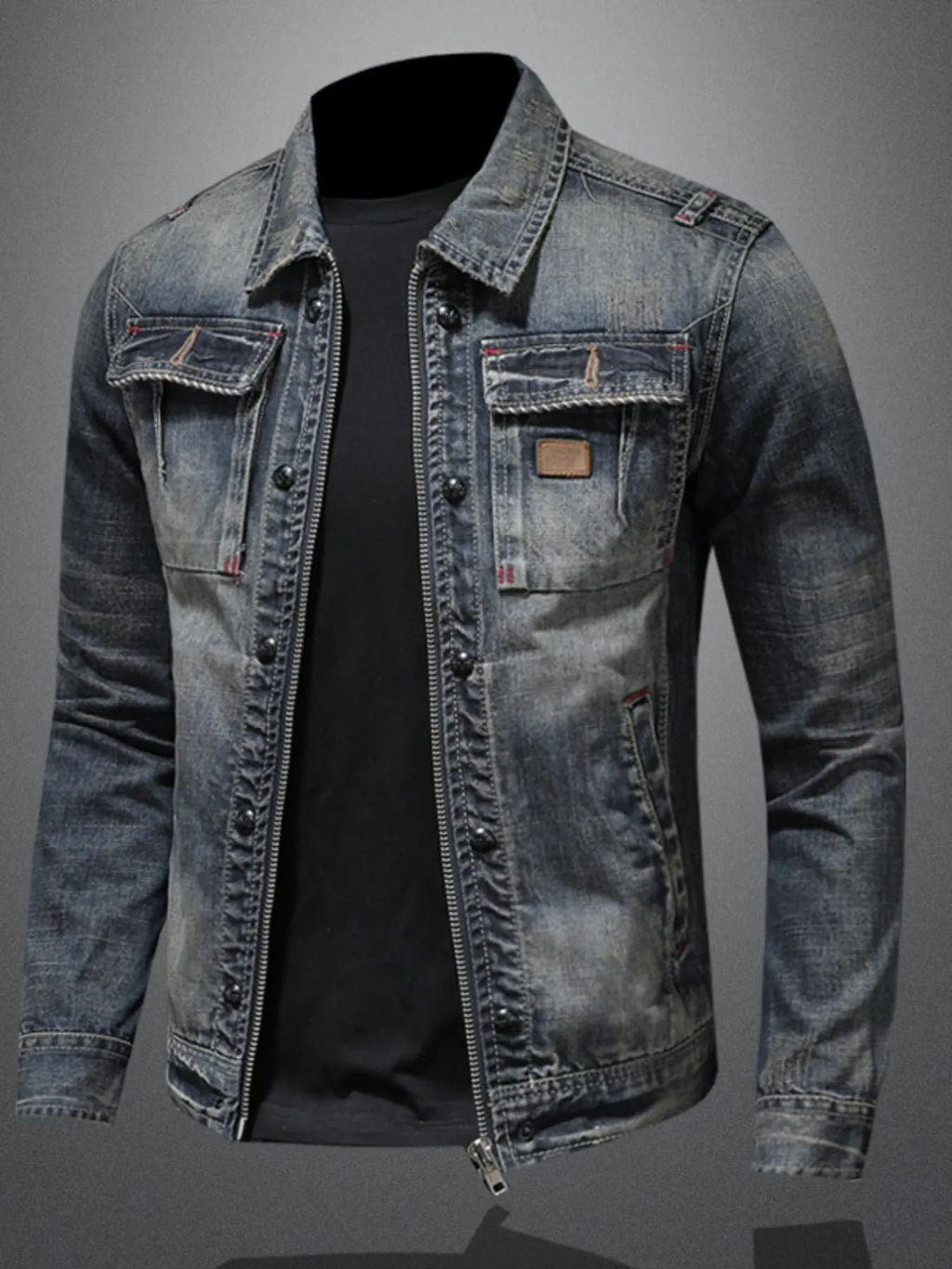 Men's Plus Size Washed Zip Up Denim Jacket with Chest Pockets - Lilixa.store