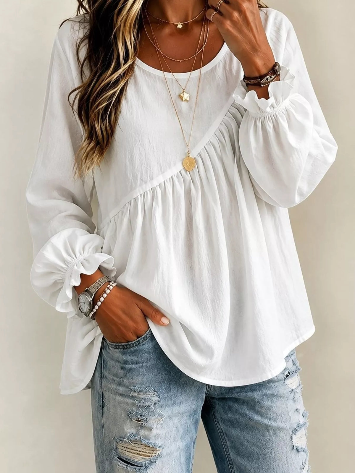 Long Sleeve Blouse with Asymmetric Pleated Detail - Lilixa.store