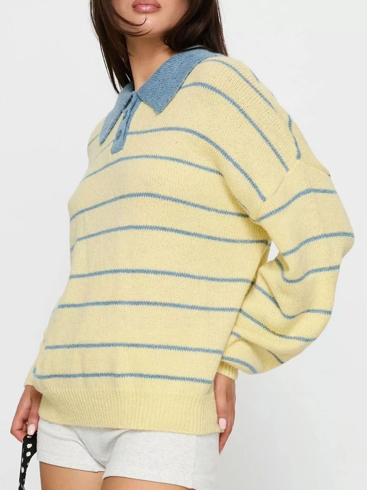 Striped Polo Collar Long Sleeve Sweater in Yellow, view 2