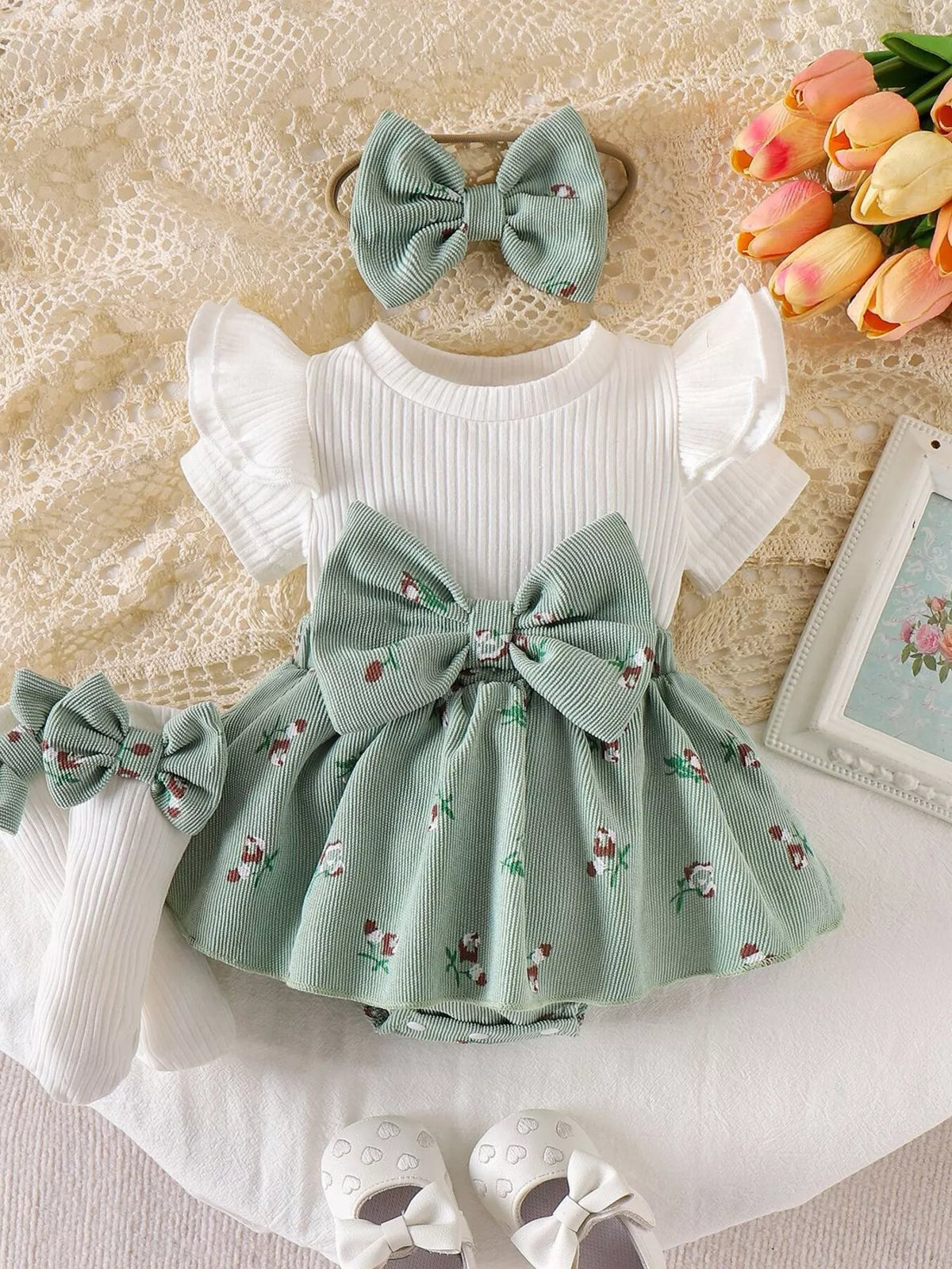 Children's Bow Ribbed Knit Dress & Headband & Socks Set - Lilixa.store