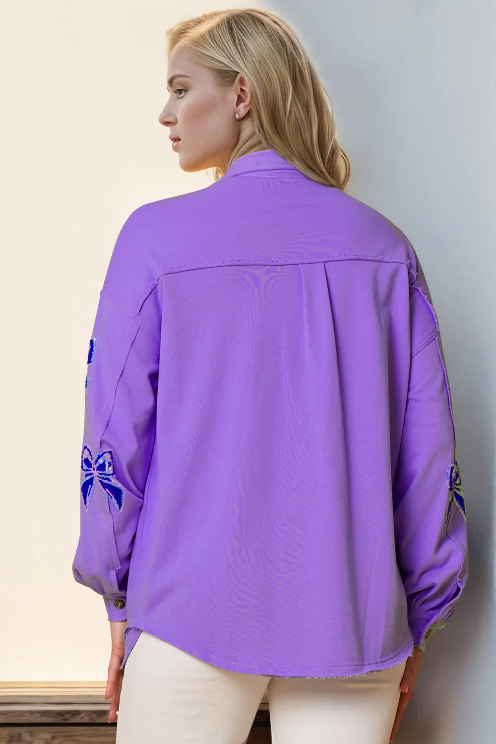 Double Take Full Size Sequin Bow Button Up Shacket - Lilixa.store