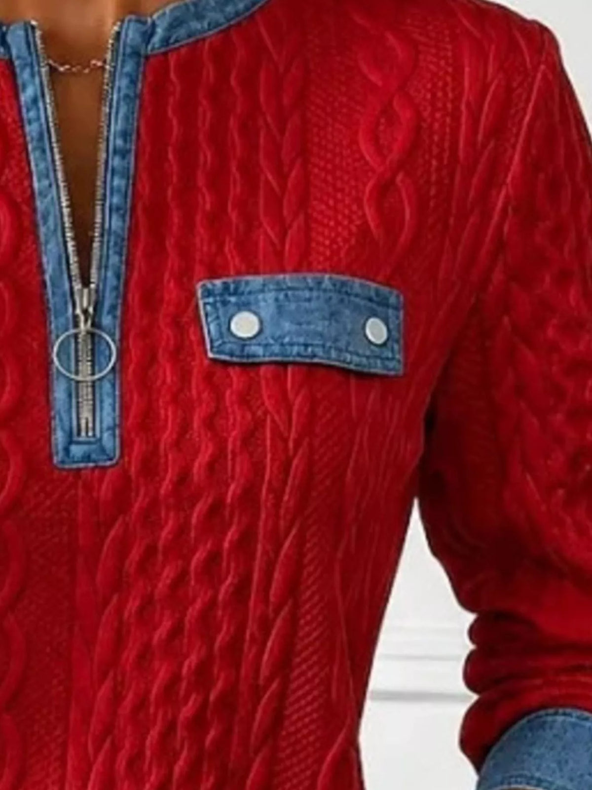 Full Size Denim Contrast Trim Quarter Zip Texture Sweatshirt Plus Size - Lilixa.store