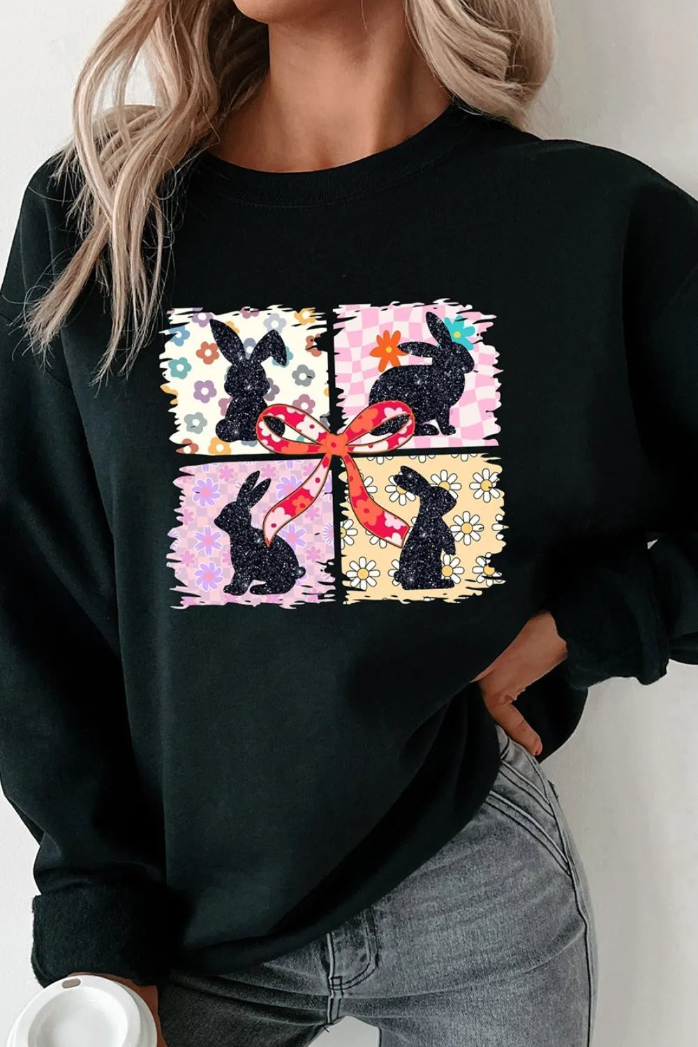 Floral Bunny Plaid Bow Graphic Easter Sweatshirt - Lilixa.store