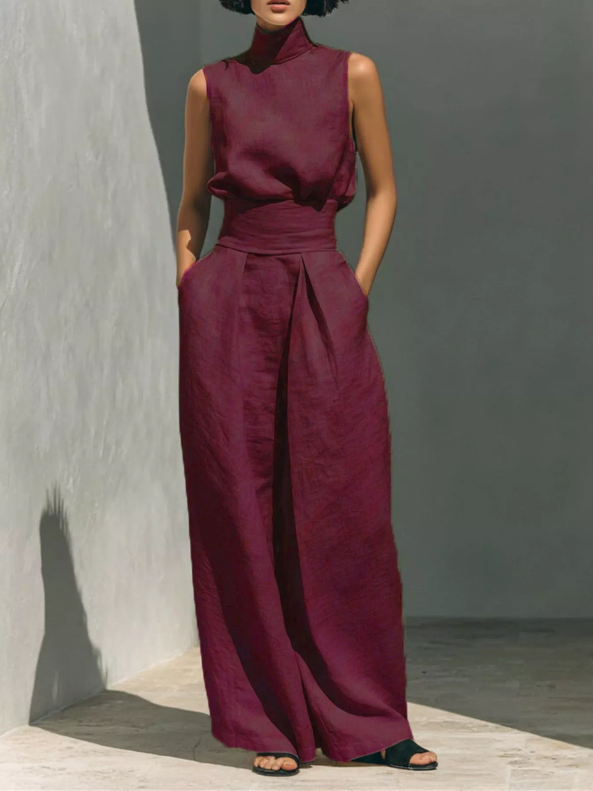Full Size Turtleneck Sleeveless Top and Wide Leg Pants Set Plus Size - Lilixa.store