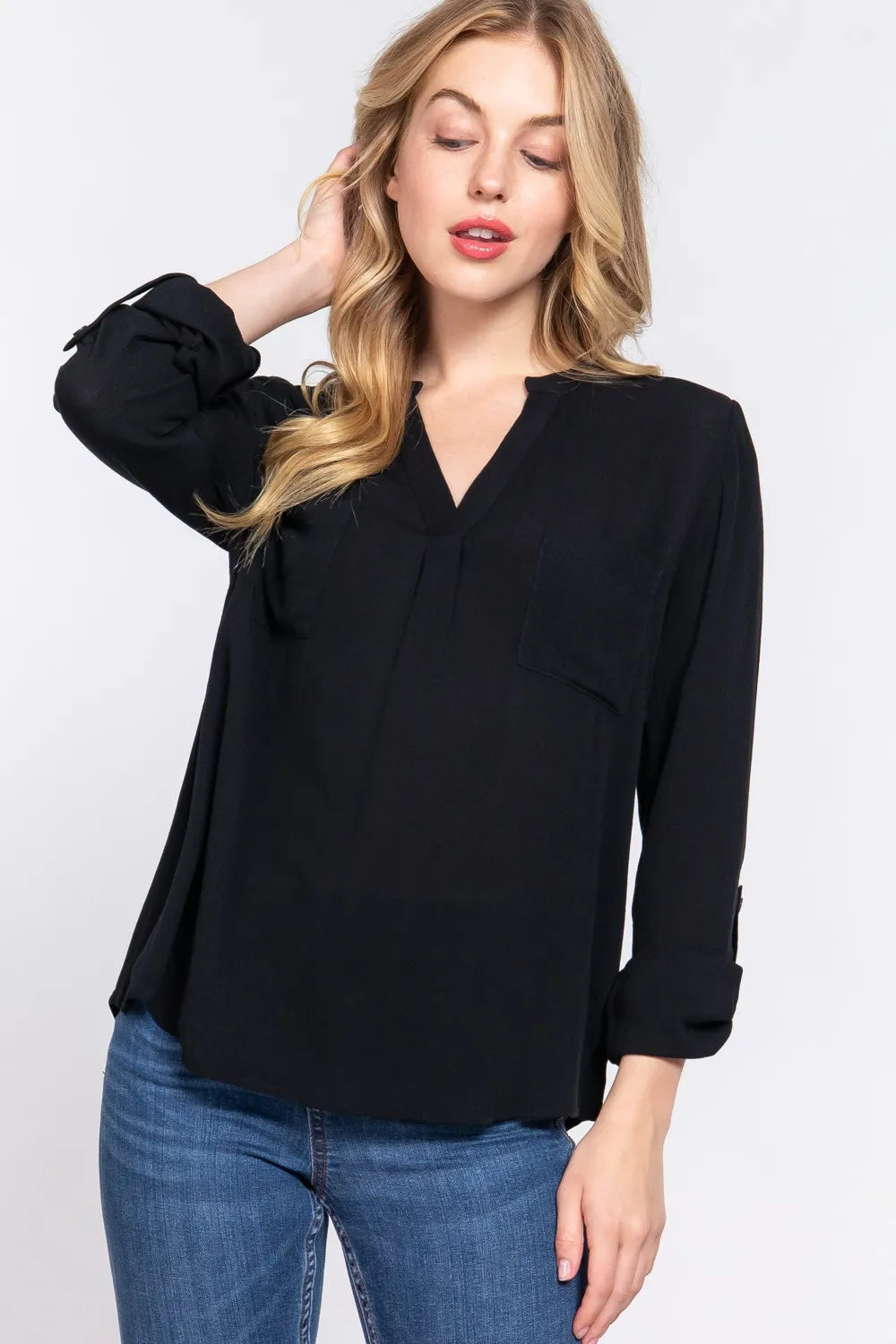 ACTIVE BASIC Full Size Notched Long Sleeve Woven Top - Lilixa.store