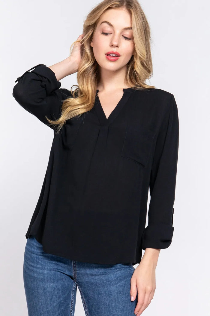 ACTIVE BASIC Full Size Notched Long Sleeve Woven Top - Lilixa.store