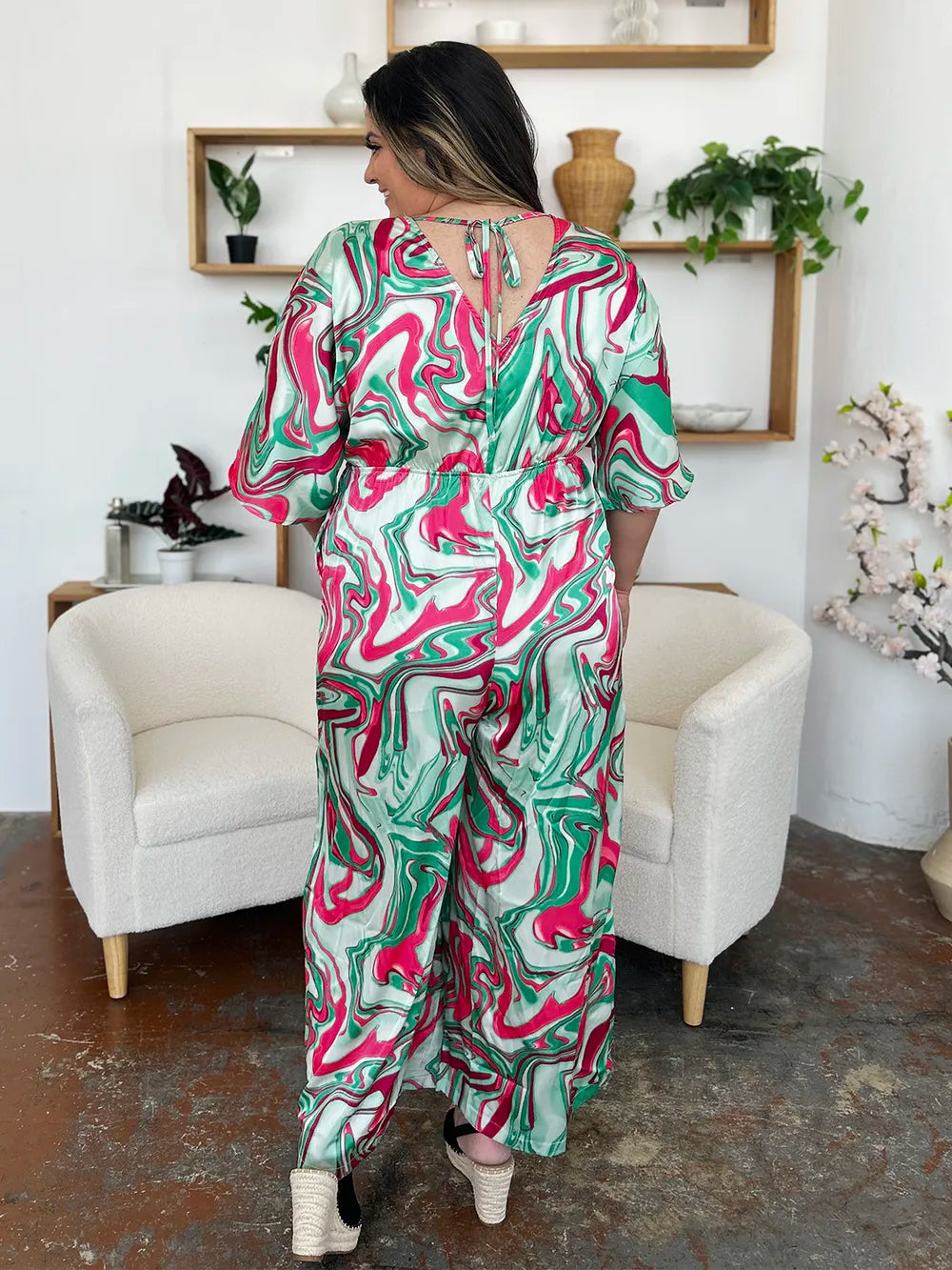 Double Take Full Size Half Sleeve Wide Leg Jumpsuit in Green, view 17