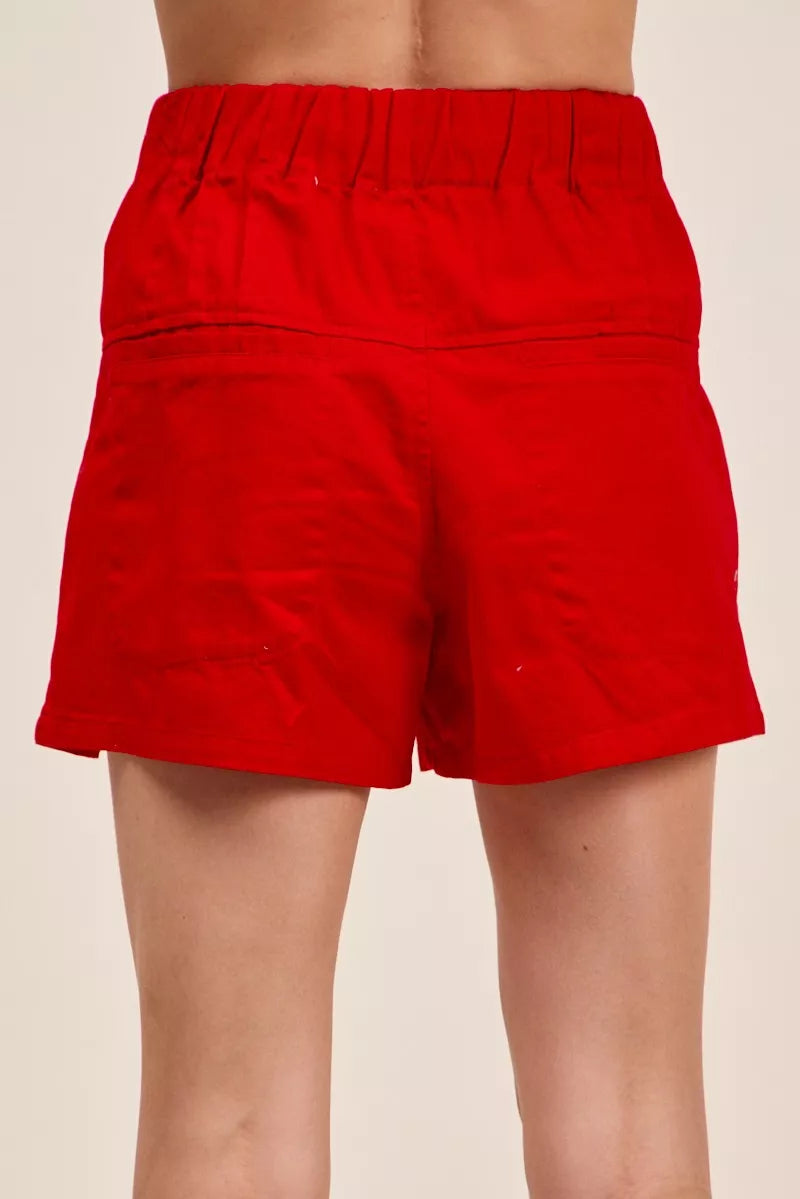 SO ME Solid Twill Denim Pintucked Buttoned Shorts With Waist Tie in Red, view 3