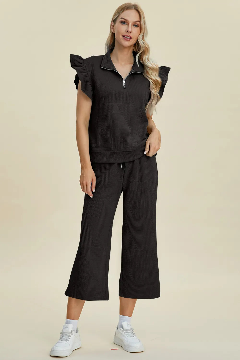 Double Take Full Size Texture Ruffle Short Sleeve Top and Wide Leg Pants Set, view 29