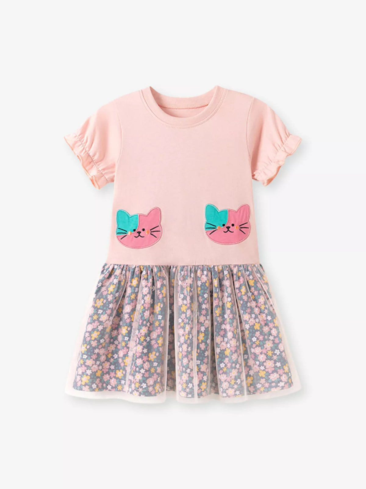 Children's Cat Embroidered Floral Tulle Dress - Lilixa.store