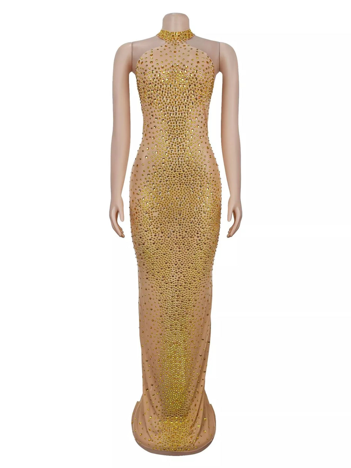 Rhinestone Embellished Mesh Dress with Back Slit in Gold, view 5