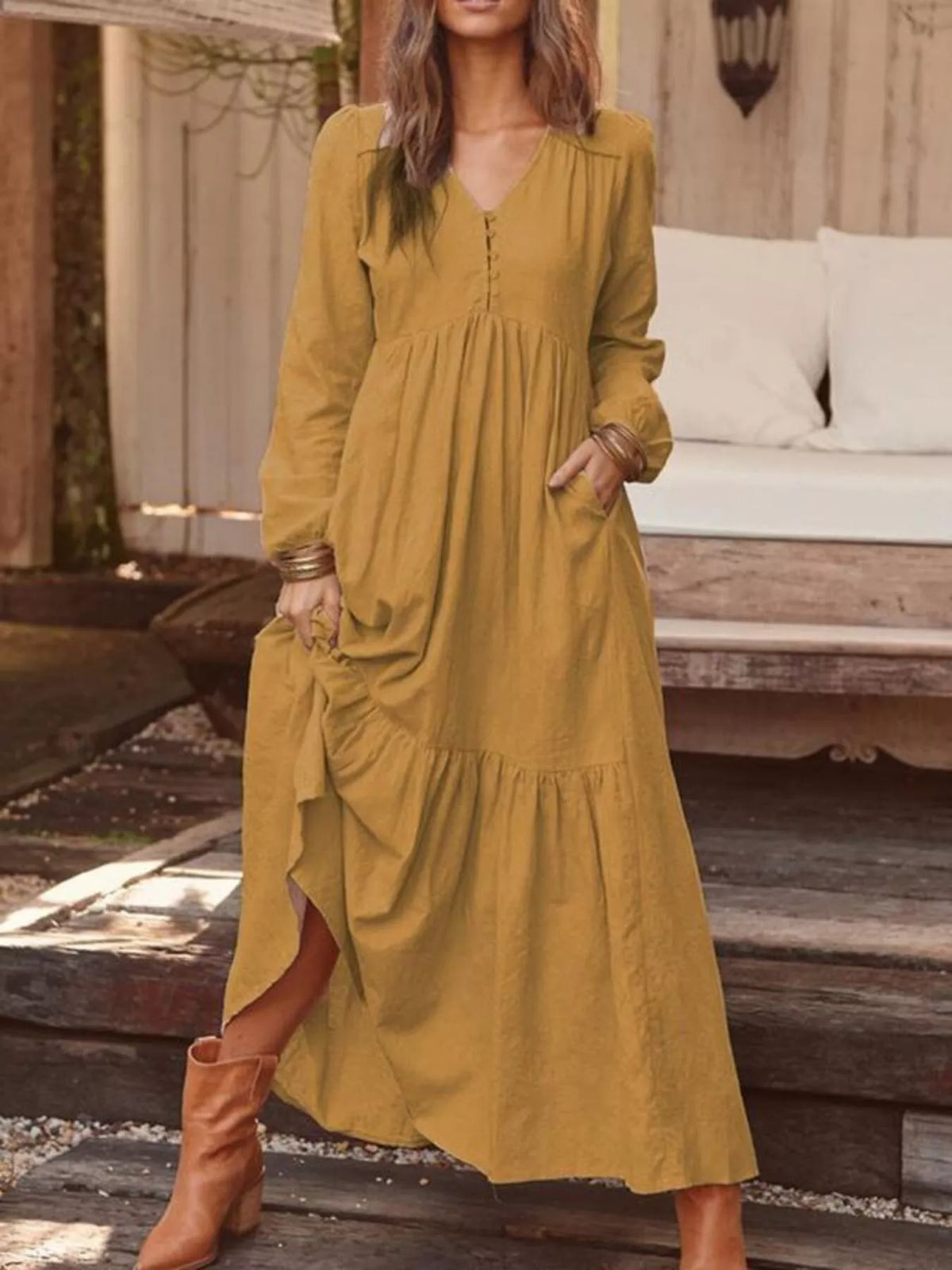 Full Size V-Neck Long Sleeve Tiered Maxi Dress with Pockets Plus Size - Lilixa.store