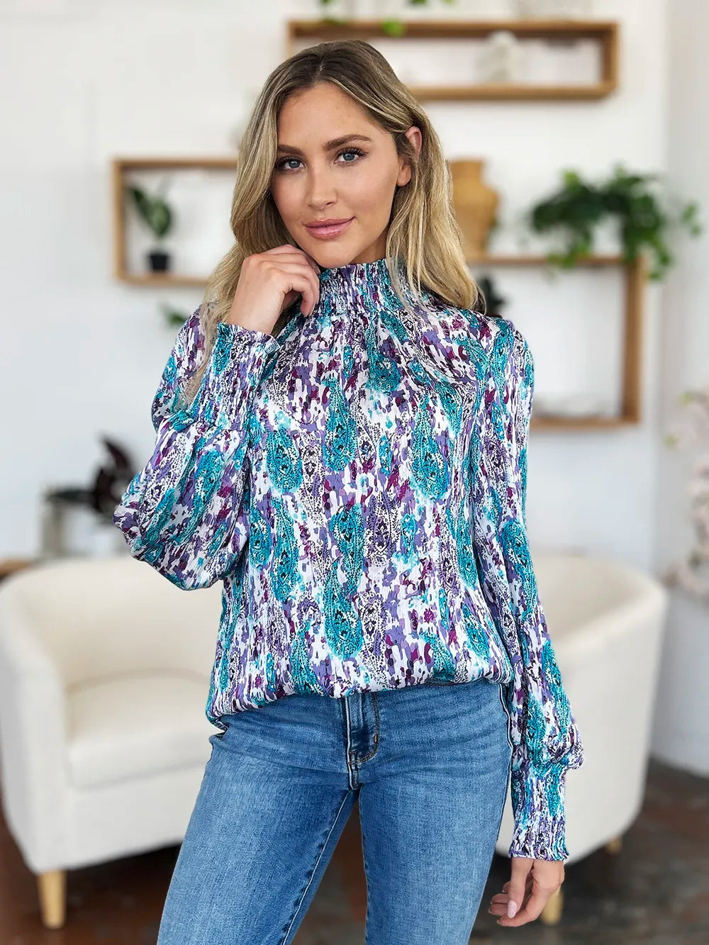 Double Take Full Size Printed Smocked Long Sleeve Blouse - Lilixa.store