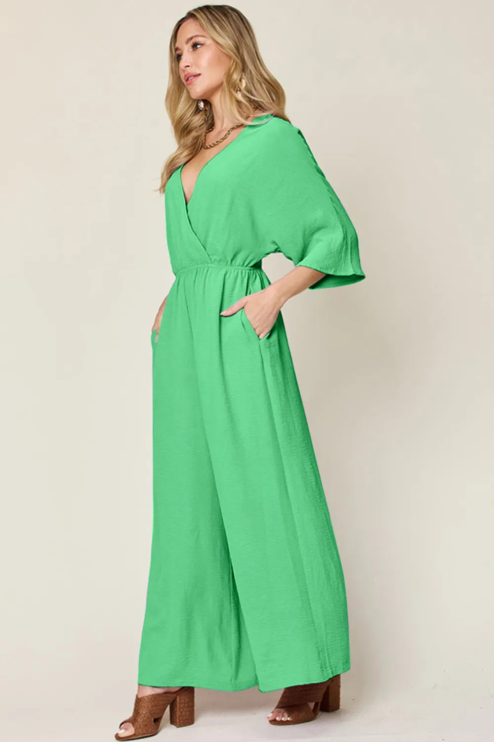 Double Take Full Size Surplice Wide Leg Jumpsuit with Pockets - Lilixa.store