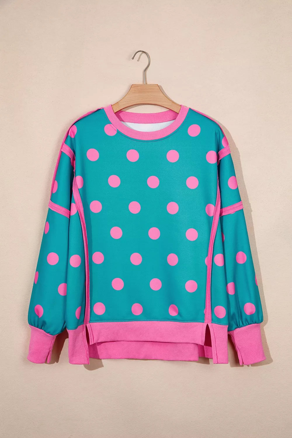 Polka Dot Contrast Patchwork Round Neck Baggy Sweatshirt in Sky Blue, view 7