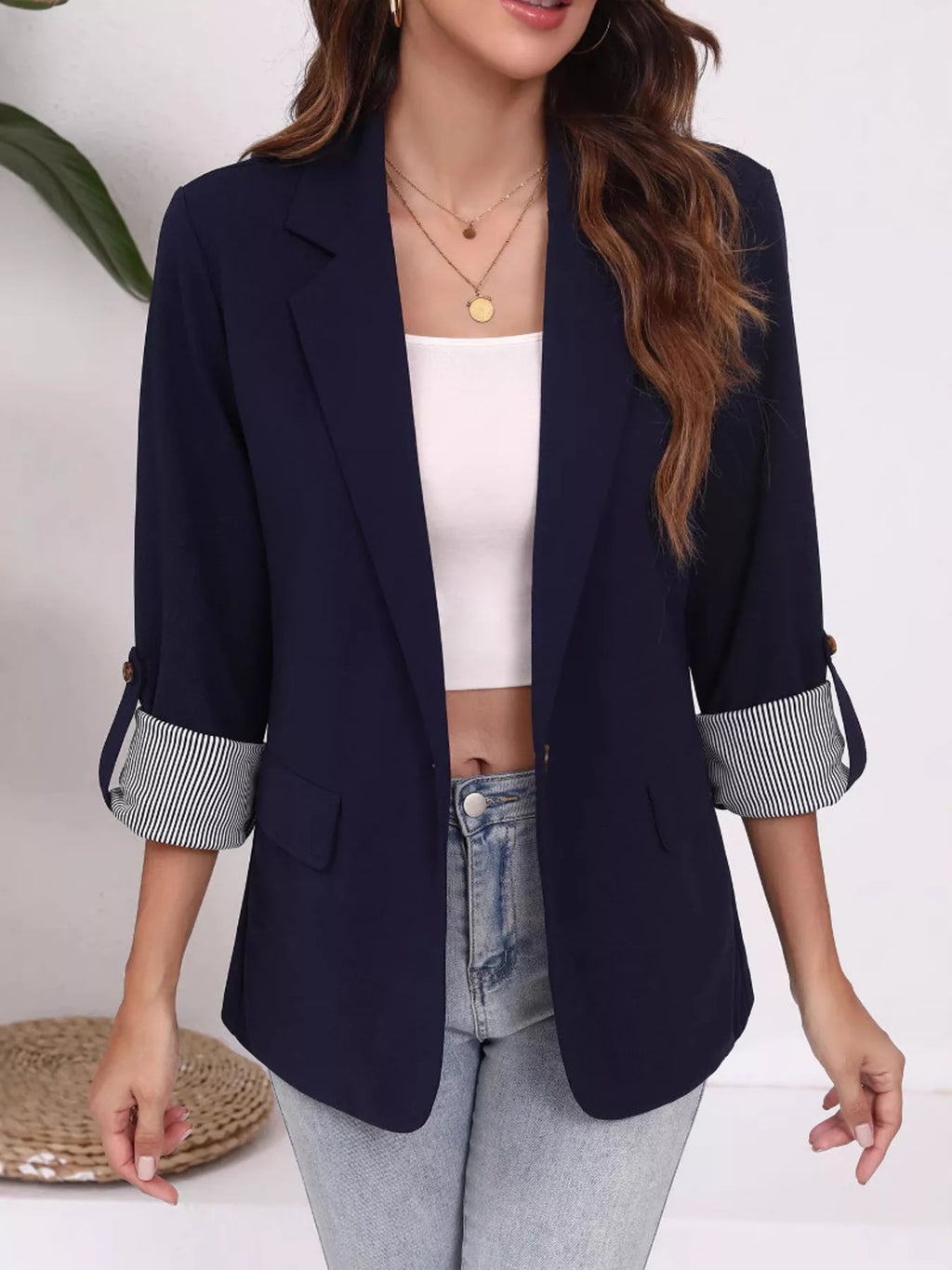 Lapel Collar Roll-Up Sleeve Blazer - Lilixa.store
