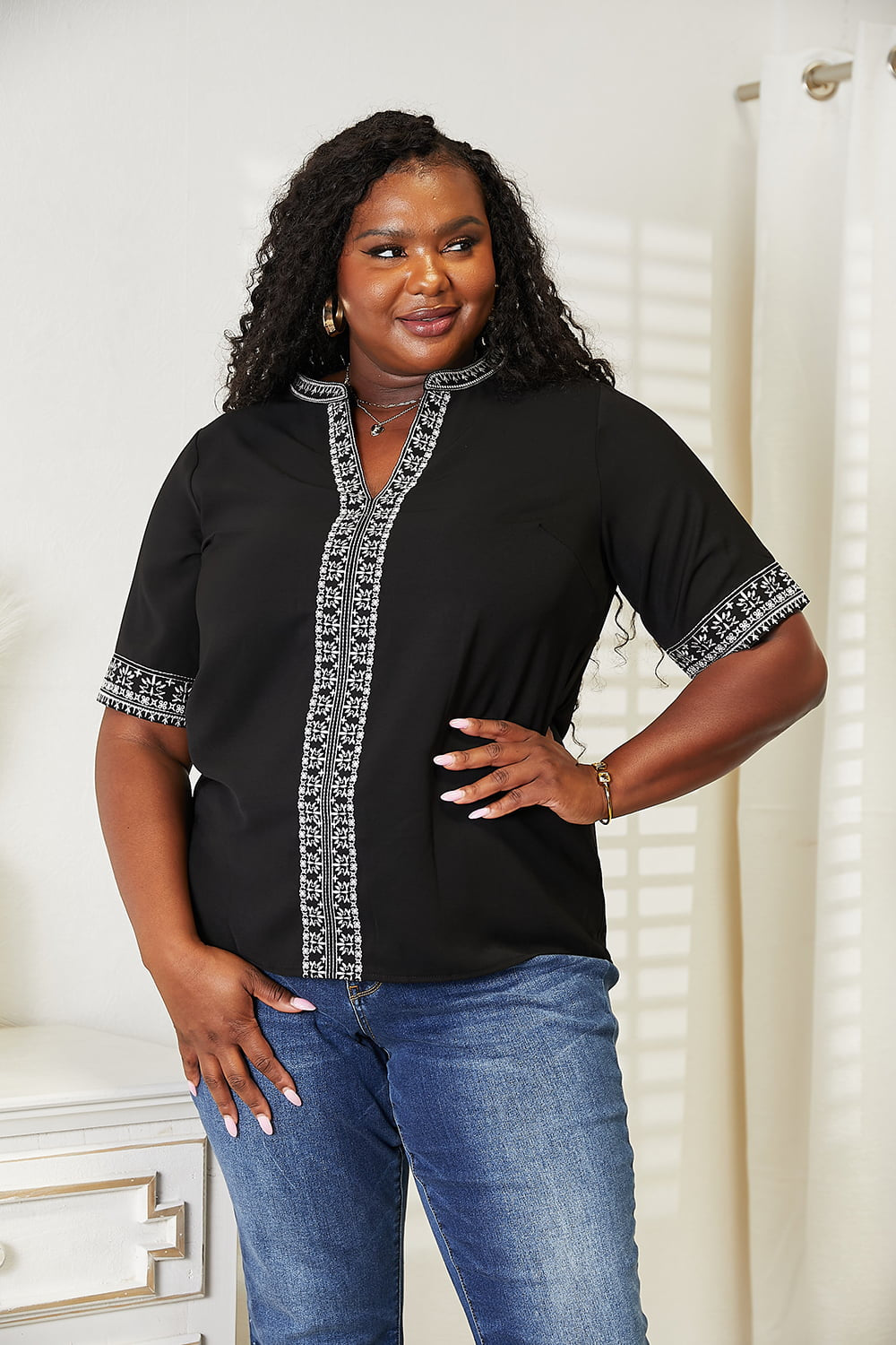 Double Take Embroidered Notched Neck Top in Black, view 8