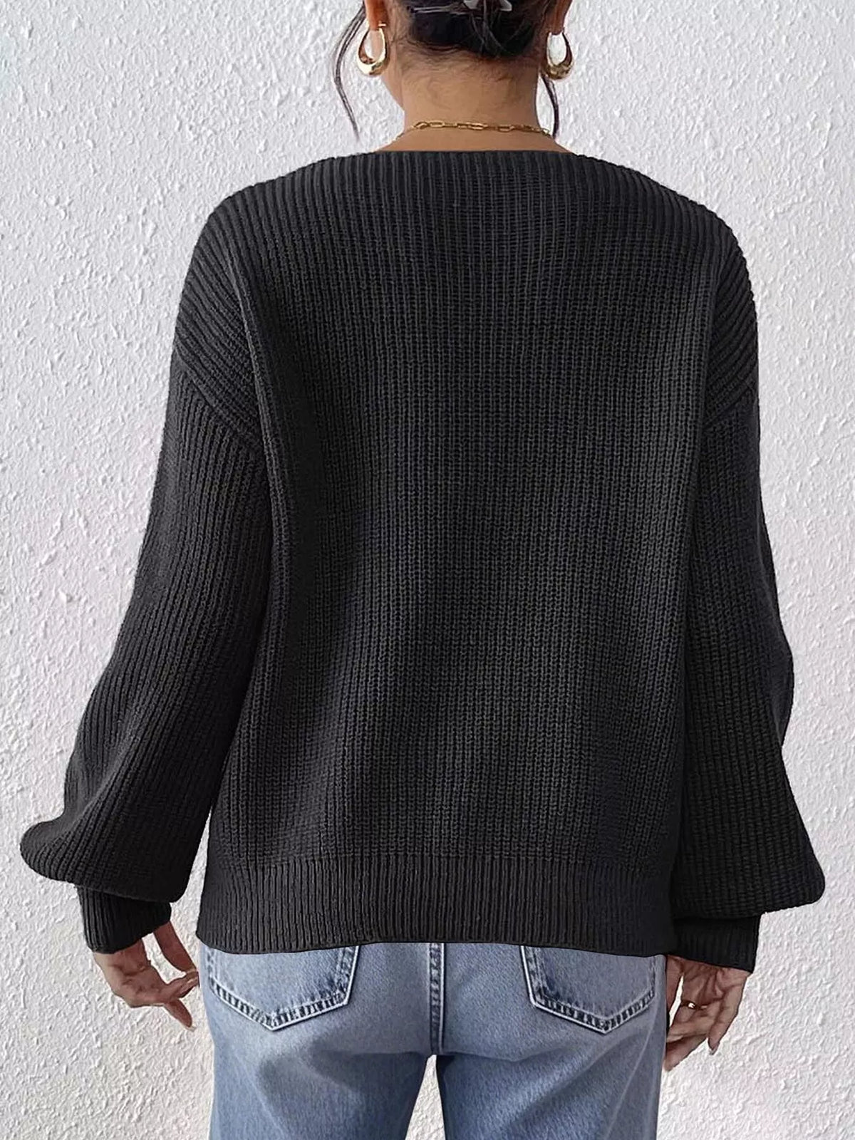 Bow-Tie Sleeve V-Neck Sweater - Lilixa.store